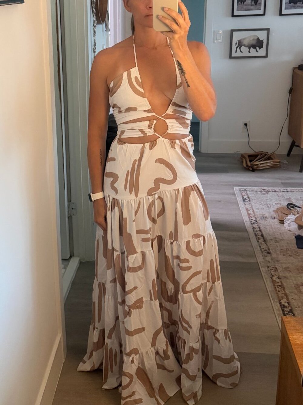 Seven Wonders Yorkalina Maxi Dress Brown Abstract Print Cutout Halter Size S - Picture 2 of 4